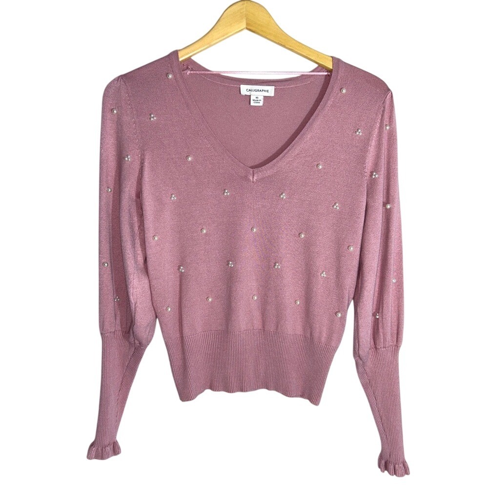Calligraphie Pink Women's Sweater Pearl details Long Puff Sleeves XS New
